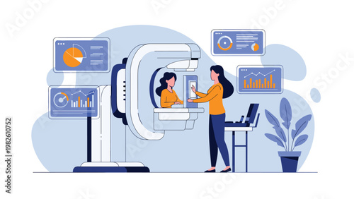 Healthcare professional operating high-tech medical imaging equipment with data charts and graphs displayed on virtual futuristic screens.