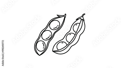 Simple line drawing of two edamame soybean pods illustrating healthy snack option from Japanese cuisine for nutrition and food concepts.