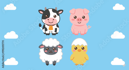 Cute kawaii flat farm animals vector set, cow with bell, pig, fluffy sheep, and baby chick in an eggshell on a sky-blue background with clouds
