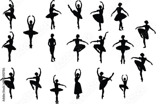 Silhouette ballet dancers in graceful poses and movements, elegant black vector illustration set showcasing classical dance positions for artistic design