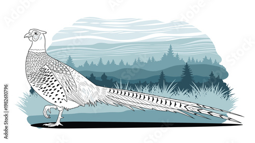Artistic illustration of male pheasant standing in tall grass with forest and mountain landscape in background for wildlife and nature themes.