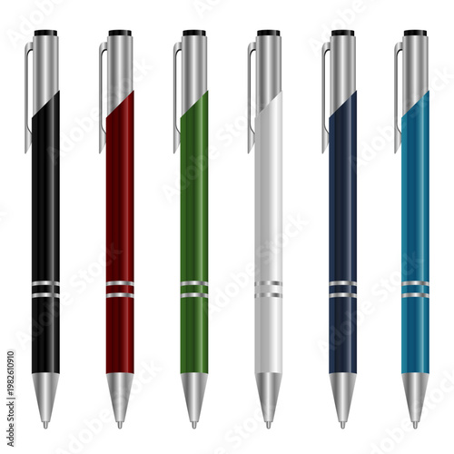 Colorful Pens: A set of six pens with silver accents on a white background