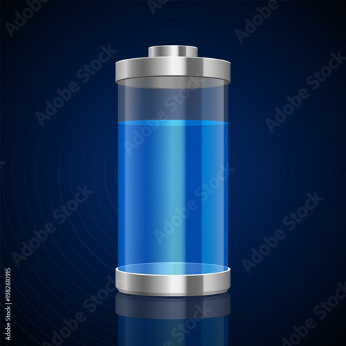 Energy storage: clear container with blue liquid showing charge capacity.