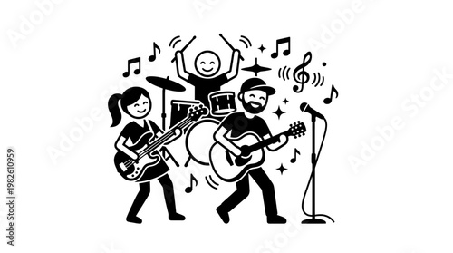 Black and White Cartoon Band Performing Live Music