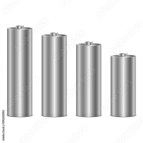 Four gray batteries arranged from tallest to shortest in a row