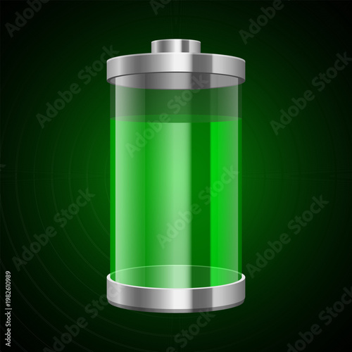 Fully charged battery with a vibrant green indicator against a dark backdrop.