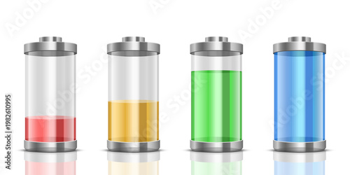 Four colorful batteries showing different levels of charge on a white background.