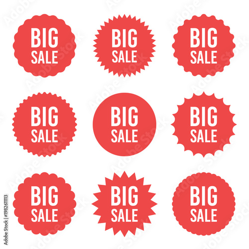 A collection of red promotional stickers with text that announces a sale.