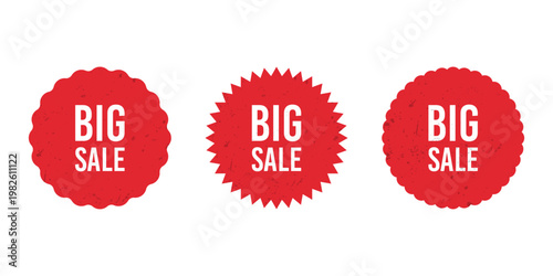 Red stickers featuring 'BIG SALE' text, indicating discounts and promotions.
