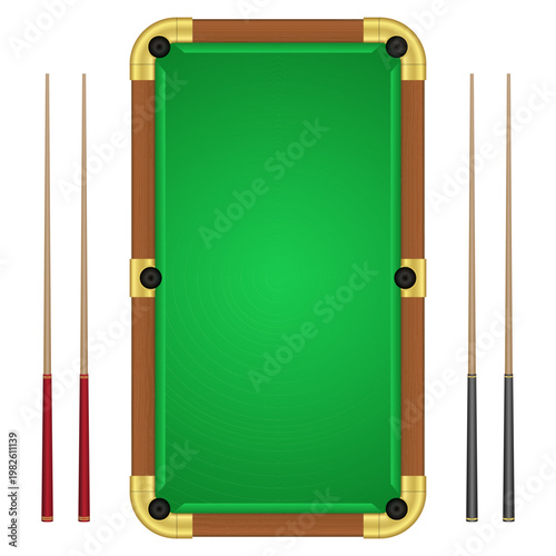 Overhead shot of a rectangular green billiards table with cues on both sides.