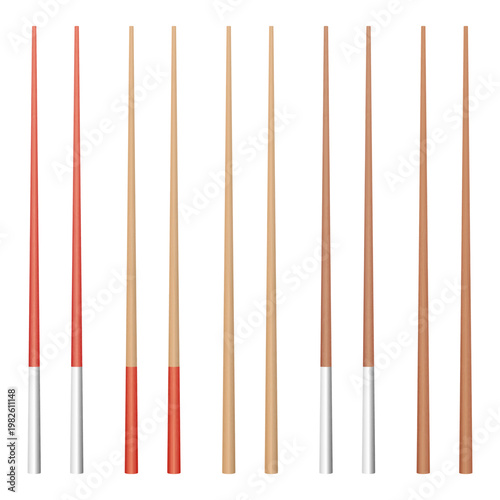 Assorted colorful wooden sticks isolated on a white backdrop in linear view.