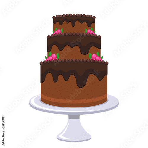 Three tier cake with chocolate frosting and decorative berries on a stand.