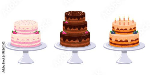 Three celebratory cakes displayed on pedestals, each uniquely decorated.