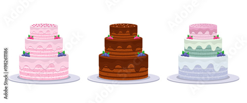 Colorful tiered cakes, showcasing festive design and sweet confectionary art.