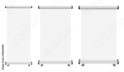 Blank roll up banner stands, ready for promotional graphics or presentation