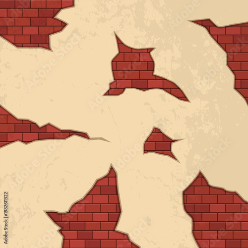 Damaged Brick Wall with Plaster Revealing the Red Bricks Beneath