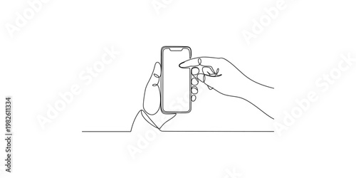 Continuous line drawing of a hand holding a smartphone and tapping on screen phone