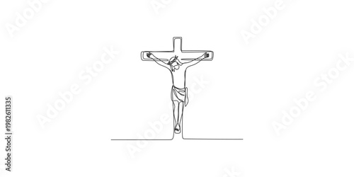Crucifixion of Jesus Christ in a single line drawing style on white background cross