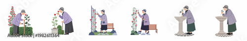 Set of flat illustrations showing an elderly woman gardening, pruning rose bushes, and smelling flowers in a peaceful garden setting.