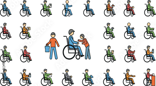 Wheelchair Users Daily Activities Illustration Set Featuring Disabled People, Caregiver Assistance, Mobility Support, and Inclusive Lifestyle Scenes in Flat Vector Design.