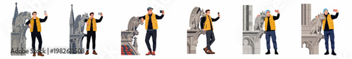 Set of six illustrations featuring a young man taking selfies with a stone gargoyle on top of a gothic cathedral roof.