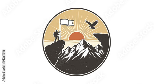 Success concept illustration of mountain landscape with person and flag