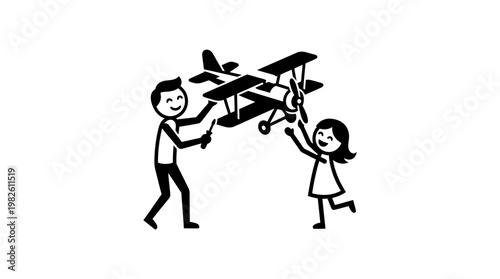 Father and Daughter Playing with Biplane Toy