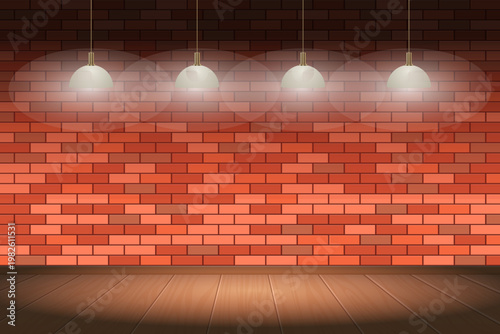 Illuminated brick wall and wooden floor, creating an interior backdrop.