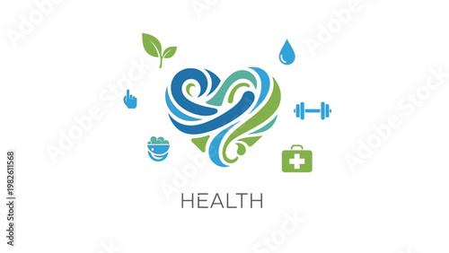 A stylized heart-shaped logo with health-related icons on a white background conveying wellness and fitness.