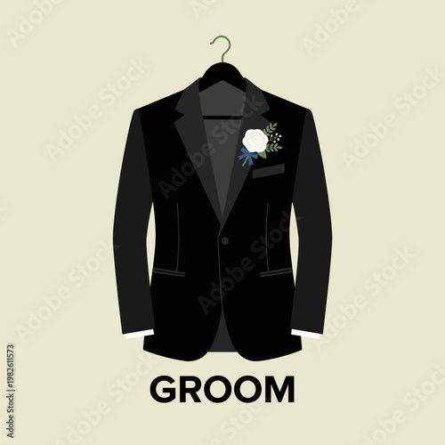 Groom's black tuxedo jacket with white rose boutonnière