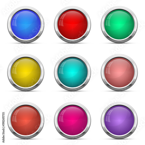 Collection of colorful glossy buttons with silver rims in an organized grid.
