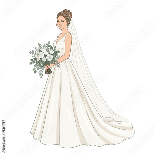 Elegant bride in wedding dress holding bouquet