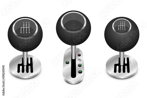 Three gear shifts with different transmission types for automobiles.