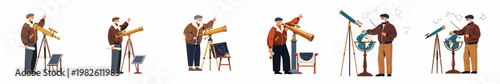 Collection of illustrations featuring an elderly man exploring astronomy with telescopes, globes, and celestial maps for scientific and educational themes.