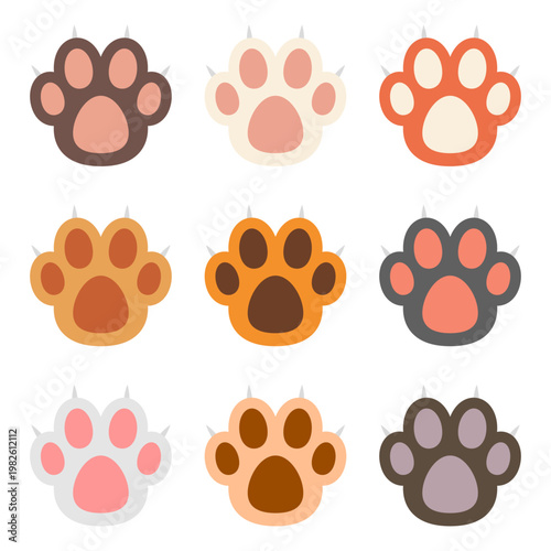Colorful array of cartoonish animal paw prints with sharp claws illustration