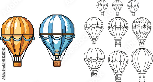 Pixel and outline hot air balloons vector set with retro style colorful and line art balloons isolated on transparent background travel design