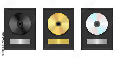 Award plaques with black, gold, and silver CDs in a row.