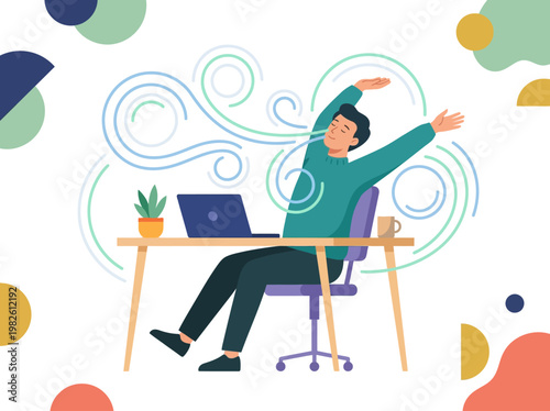 Flat 2D vector illustration of a corporate worker relaxing with a deep breathing exercise at a modern office desk