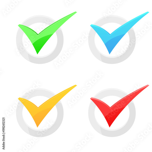 Four colorful check marks in green, blue, yellow and red on a white background.