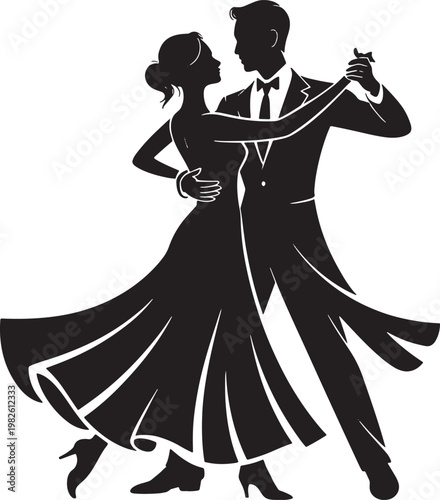Dancing couple silhouette ballroom waltz tango romantic partners elegant formal attire performers