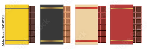 Four various packaged chocolate bars are shown with different colored wraps.