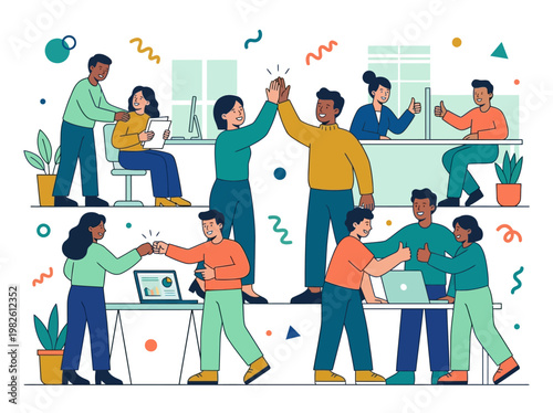 Flat 2D Corporate Memphis Vector Illustration: Diverse Team Celebrating Collaboration and Success in a Dynamic Office.