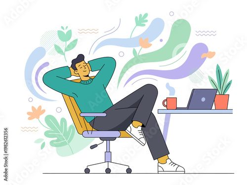 Flat vector illustration of a man relaxing in a modern home office, taking a serene mental break from work, promoting well-being.