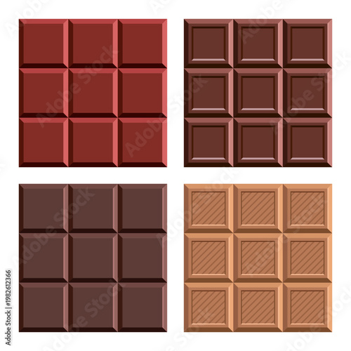 Assortment of chocolate squares in different colors and designs.