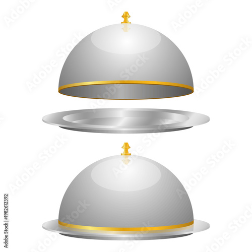 Elegant silver cloche and plate, one open, one closed, on a white surface.