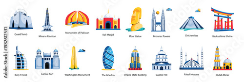set of worlds famous monuments flat icons