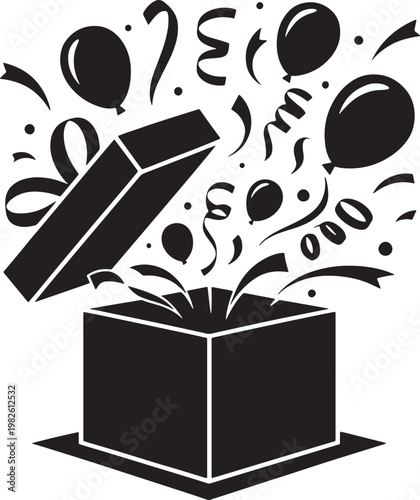 Gift box opening silhouette surprise confetti streamers balloons flying out party celebration event