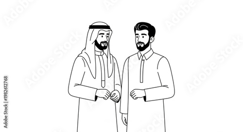 Two men in traditional attire having a conversation in a drawing.