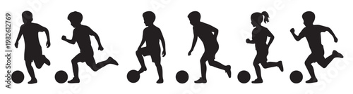 set of six kid play soccer silhouette 