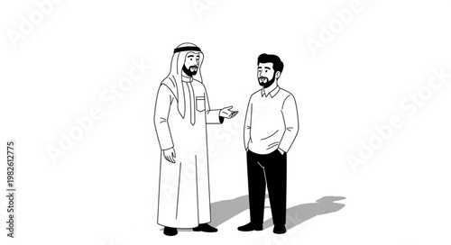 Two men in traditional attire having a conversation in a simple setting.